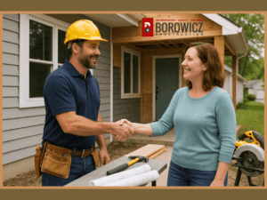 Choosing the Right Contractor - homeowner with contractor outside her home in progress
