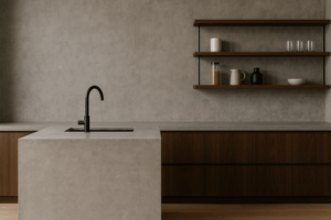 Home Remodeling Trends MN 2025 waterfall cement counter and open shelving