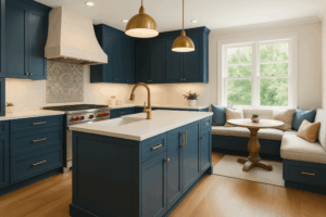 Kitchen Trends- paited Tile backsplash, colored cabinets, eating nook