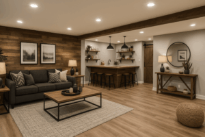 Basement Finishing - rustic style with bar and living area