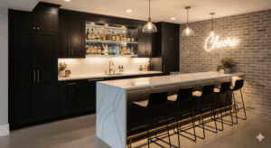 Modern industrial basement bar with black cabinetry, quartz waterfall counters, LED lighting, metal barstools, and brick accent wall.