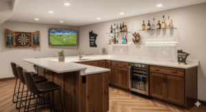 U shaped basement bar design remodel