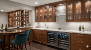 Elegant basement wine bar with walnut cabinetry, marble countertops, glass wine storage, under-cabinet lighting, and a tasting table.