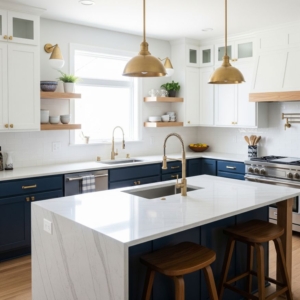 navy and white kitchen remodel with brass accents