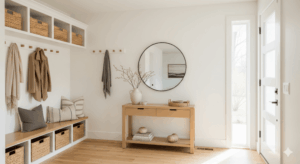 Bright interior image of a Scandinavian-style entryway with light oak floors, white walls, built-in cubbies, bench seating, and natural light from sidelights.