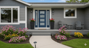 Image of a transitional-style Minnesota home with a navy blue front door, composite porch, gray siding, modern planters, and solar-lit concrete path.
