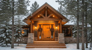 Horizontal image of a rustic cabin entryway with a solid wood front door, timber beam overhang, stone columns, and snow-dusted landscaping surrounded by pine trees.