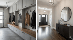 Horizontal interior image showing a dual-entry remodel with a mudroom featuring gray cabinetry and a foyer with dark wood flooring and decorative console.