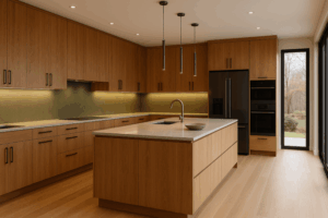 Home Remodel Trends 2025-2026 Modern 2026 Minnesota kitchen remodel with warm wood cabinets, hidden storage, induction cooktop, and earthy natural tones.