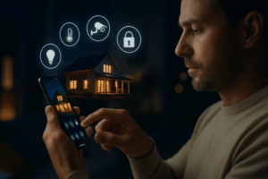 man is controlled his home settings while away from home using his smart technology