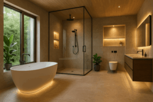 Spa-inspired 2026 bathroom remodel with soaking tub, rainfall shower, stone floors, ambient lighting, and natural materials.