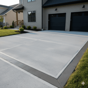 Concrete garage apron with textured broom finish and dark border connecting driveway to two-car garage on a modern home.