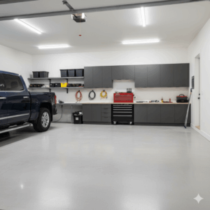 Polished concrete garage floor with light gray satin finish in a modern residential garage with built-in shelving and parked truck.