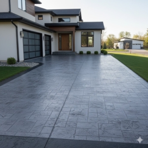 Stamped concrete driveway with slate-patterned texture, dark border, and modern home exterior surrounded by landscaped greenery.
