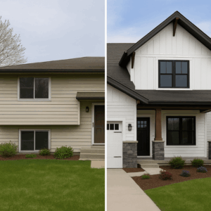Split view of a home before and after remodeling—left side shows a dated 1970s split-level, right side reveals a modern Craftsman-style transformation.