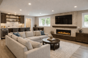 A remodeled Minnesota basement featuring a cozy family room with a sectional sofa, media wall, wet bar, and bright lighting.